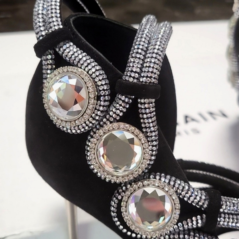 NIB$2995 Balmain Runway Uma Suede Crystal-Embellished Strappy Sandals 37.5 / 7 - Picture 7 of 16